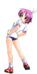  antenna_hair artist_request buruma copyright_request from_behind full_body gym_uniform hands_on_hips kneepits legs_apart looking_back pink_hair red_eyes shoes simple_background sneakers socks solo standing stretch white_background 