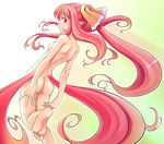  ass barefoot blush feet flat_chest from_behind garnet_(shukufuku_no_campanella) long_hair looking_back multiple_tails nana_ashi nipples nude pink_hair pointy_ears ponytail red_eyes ribbon shukufuku_no_campanella solo tail very_long_hair 