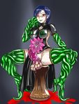  blue_hair bodysuit breasts character_request copyright_request damu_otoko futanari green_lips latex lipstick long_hair makeup monster_girl newhalf nipples red_eyes series_request sitting tentacle thighhighs what 