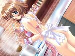  apron ass blue_eyes blush bow brown_hair cooking game_cg naked_apron no_panties ogura_hiroko private_room_2 solo wrist_cuffs 