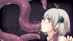  ahegao ahoge bad_id bad_pixiv_id blue_eyes copyright_request cum cum_in_mouth cum_in_nose ejaculation fucked_silly grey_hair kimura_senri mouth_insertion oral rolling_eyes short_hair slime solo_focus tentacles 