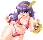  bikini blue_eyes breasts cleavage curvy cute highres hips king_of_fighters long_hair navel nipples open_mouth perfection princess_athena purple_hair shield snk swimsuit tears thighs toushi_ryoku wide_hips wink 