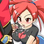  1girl asuna_(pokemon) big_hair blush breasts breath covered_nipples crop_top cum cum_in_mouth cum_on_body cum_on_breasts cum_on_clothes cum_on_upper_body erection facial gym_leader handjob head_out_of_frame hetero impossible_clothes impossible_shirt konpeto large_breasts lowres midriff oekaki penis pokemon pokemon_(game) pokemon_rse red_eyes red_hair ruby_(pokemon) shirt short_sleeves solo_focus sweat uncensored 