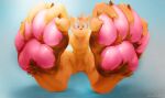  anthro balls biped blush brown_body brown_claws brown_eyes brown_fur brown_tail claws domestic_cat felid feline felis finger_claws flaccid front_view fur genitals glans glistening glistening_pawpads hi_res humanoid_genitalia humanoid_penis male mammal orange_balls orange_body orange_claws orange_ears orange_fur orange_penis oselotti oselotti_(character) pawpads penis pink_glans pink_pawpads signature simple_background sitting solo 