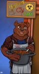  4_fingers anthro brown_body brown_eyes brown_fur cafe fan_character fingers food fur hi_res hot_sauce male mammal restaurant solo ursid ziegelzeig 