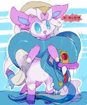  2016 ambiguous_gender blue_eyes blush duo eelektross eeveelution feral fish hi_res japanese_text mammal marine nintendo pok&eacute;mon pok&eacute;mon_(species) simple_background sylveon text video_games water wet winte 