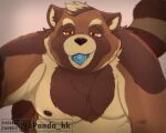  2022 96panda anthro belly big_belly bodily_fluids brown_body brown_fur canid canine condom condom_in_mouth fur hi_res kemono male mammal moobs nipples overweight overweight_male raccoon_dog sexual_barrier_device simple_background solo sweat tanuki 