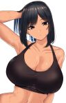  1girl absurdres armpits bangs black_hair black_tank_top bouhatei_(t-back) breasts brown_eyes cleavage collarbone dark_skin earrings hand_to_head highres jewelry large_breasts looking_at_viewer navel original short_hair solo steaming_body sweat tan tank_top white_background 