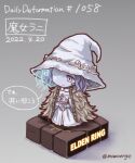  1girl blue_eyes blue_hair blue_skin cape chibi cloak closed_mouth colored_skin cracked_skin doll_joints dress elden_ring extra_arms extra_faces fur_cape fur_cloak fushigi_ebi hat joints long_hair one_eye_closed ranni_the_witch robe smile solo translation_request white_dress white_headwear witch witch_hat 