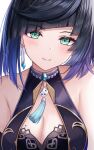  1girl atychi bangs bare_shoulders black_hair blue_hair blunt_bangs blush bob_cut breasts cleavage closed_mouth dice earrings genshin_impact green_eyes jewelry large_breasts looking_at_viewer mole mole_on_breast multicolored_hair purple_hair short_hair smile solo two-tone_hair upper_body yelan_(genshin_impact) 