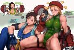  3girls abs barbell beret biceps black_hair blonde_hair breasts brown_hair cameltoe cammy_white chun-li cleavage covered_abs covered_nipples earbuds earphones exhausted fingerless_gloves front-tie_top gloves green_leotard hat heavy_breathing hershuar laura_matsuda leotard multiple_girls sitting spread_legs steaming_body street_fighter street_fighter_v sweat sweaty_clothes tank_top thermos thighs weightlifting 
