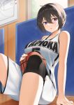  1girl arm_support bangs bare_shoulders basketball basketball_uniform black_hair breasts collarbone commentary_request hair_between_eyes highres large_breasts looking_at_viewer original parted_lips purple_eyes short_hair shorts sitting solo sportswear sweatdrop tank_top tapioka_(oekakitapioka) white_shorts white_tank_top 