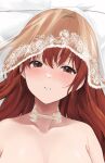  1girl akito_(d30n26) aliasing bangs bare_shoulders bridal_veil bride brown_eyes choker collarbone commentary_request eyebrows_visible_through_hair face lace lace_choker light_blush long_hair looking_at_viewer original parted_lips portrait red_hair solo veil white_choker 