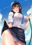  1girl bangs black_hair black_skirt blue_sky breasts brown_eyes clothes_lift cloud collared_shirt commentary_request contrail day hair_between_eyes highres holding holding_hose hose large_breasts lifted_by_self nipples no_bra nyanko_kaitou original outdoors panties pleated_skirt school_uniform see-through shirt short_sleeves skirt skirt_lift sky solo standing thighs underwear wet wet_clothes wet_panties wet_shirt white_panties white_shirt 