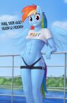  2022 absurd_res anthro clothing cloud cutie_mark dialogue digital_media_(artwork) english_text equid equine eyelashes female fingers friendship_is_magic grin hasbro hi_res irisarco mammal my_little_pony navel outside pegasus rainbow_dash_(mlp) smile solo text text_on_clothing text_on_topwear topwear wings 