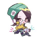  1girl animification beanie black_pants blush brown_eyes brown_hair chibi crossed_arms glasses green_footwear green_headwear hair_behind_ear hat highres jacket killjoy_(valorant) kom0980 pants shirt solo turret valorant walking white_background white_shirt yellow_jacket 