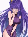  1girl absurdres bananafish1111 bangs bare_shoulders blunt_bangs breasts china_dress chinese_clothes covered_mouth dress flower genshin_impact hair_flower hair_ornament highres hime_cut japanese_clothes large_breasts long_hair looking_to_the_side purple_dress purple_eyes purple_hair raiden_shogun simple_background sleeveless sleeveless_dress white_background 
