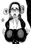  1girl 1other ? arm_between_breasts between_breasts blush breasts breath cross doctor_masube fingernails freckles glasses greyscale half-closed_eyes hatching_(texture) highres long_fingernails monochrome nun original solo_focus speech_bubble sweat tongue tongue_out turtleneck 