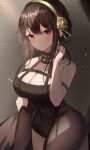  1girl bangs bare_shoulders black_dress black_hair breasts cleavage closed_mouth dress gold_hairband highres large_breasts looking_at_viewer red_eyes rose_hair_ornament runep solo spy_x_family yor_briar 