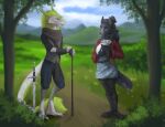  anthro art_by_cherep black_body canid canine canis clothing detailed_background digital_drawing_(artwork) digital_media_(artwork) domestic_dog feet female fur green_body green_fur hair lagomorph leporid looking_at_another male mammal melee_weapon rabbit sergal sword weapon 