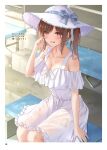  1girl bangs bare_shoulders blush breasts brown_eyes brown_hair cleavage collarbone crying dress hat highres large_breasts long_hair looking_at_viewer monaka_curl open_mouth original sidelocks sitting solo sun_hat tears thighs twintails wet wet_clothes white_dress white_headwear 