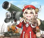  1girl :d ahoge bangs burning cabbie_hat commentary_request eyebrows_visible_through_hair fgm-148_javelin fire genshin_impact ground_vehicle hair_between_eyes hat highres holding holding_rocket_launcher holding_weapon kkgusxo klee_(genshin_impact) korean_commentary long_hair long_sleeves looking_at_viewer low_twintails military military_vehicle motor_vehicle open_mouth pointy_ears reflection rocket_launcher russian_flag russo-ukrainian_war sidelocks sketch smile solo star_(symbol) tank teeth twintails upper_body upper_teeth v weapon z_(russian_symbol) 