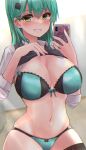  1girl absurdres aqua_hair blush bra breasts cleavage clothes_lift commentary_request green_bra green_eyes green_panties grin hair_ornament hairclip highres indoors kantai_collection kihou_no_gotoku_dmc large_breasts looking_at_viewer mirror_image multiple_piercings navel panties selfie shirt_lift skindentation smile solo suzuya_(kancolle) thighhighs underwear 