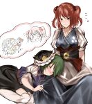  ... 2girls absurdres blush breasts closed_eyes feet_out_of_frame flying_sweatdrops green_hair hair_bobbles hair_ornament hat highres lap_pillow looking_at_another looking_down multiple_girls onozuka_komachi po_(anhk5528) red_hair shiki_eiki simple_background sleeping smile touhou two_side_up white_background white_legwear 