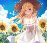  1girl ;d aqua_eyes arm_behind_back bare_arms bare_shoulders blonde_hair blue_sky blush breasts cleavage cloud collarbone day dress feet_out_of_frame floating_hair flower frilled_dress frills grin hand_up highres leaning_forward long_hair looking_at_viewer medium_breasts one_eye_closed original outdoors parted_lips sira_(user_dswn7488) sky sleeveless sleeveless_dress smile standing sundress sunflower teeth white_dress wind yellow_flower 