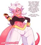  2021 alien alien_humanoid blue_eyes breasts dragon_ball dragon_ball_fighterz ear_piercing ear_ring english_text female hair humanoid humanoid_pointy_ears long_hair majin majin_android_21 not_furry piercing pink_body pink_skin rtil simple_background smile solo text url white_background white_hair 