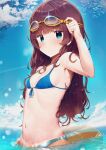 1girl :&lt; absurdres arm_up armpits bangs bikini blue_bikini blue_eyes blunt_bangs breasts brown_hair cloud eyebrows eyebrows_visible_through_hair goggles goggles_on_head highres innertube liely long_hair looking_at_viewer navel ocean original outdoors partially_submerged sky small_breasts solo swimsuit upper_body wading water wet 