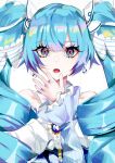  1girl absurdres aqua_eyes bangs bare_shoulders blue_hair drill_hair earrings eyebrows_visible_through_hair hatsune_miku highres jewelry long_hair long_sleeves looking_at_viewer mikaduki_3636 open_mouth red_pupils simple_background solo upper_body vocaloid white_background yuki_miku yuki_miku_(2019) 