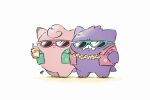  :3 beach clefable drink gengar hawaiian_shirt highres kuranaga11 lei matching_outfit no_humans pokemon pokemon_(creature) sand scowl shirt sunglasses white_background 