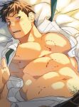  1boy abs absurdres bara bed bite_mark black_hair blush collared_shirt highres jon_(st05254) large_pectorals lying male_focus male_pubic_hair muscular muscular_male navel on_back on_bed open_clothes open_shirt original pectorals pubic_hair shirt short_hair solo undone_necktie white_shirt 
