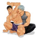  2boys abs armpit_hair armpits bangs bara black_hair black_pants boxer_briefs bracelet bulge chest_hair erection erection_under_clothes grey_hair grey_tank_top highres holding_another&#039;s_arm jewelry large_pectorals leg_hair licking licking_armpit looking_at_another male_focus male_underwear multiple_boys muscular muscular_male navel necklace nipples pants pectorals purple_male_underwear ring saliva short_hair squatting sweat tank_top taparara thick_thighs thighs tongue tongue_out underwear yaoi 