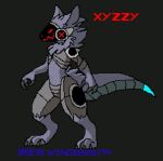  3_fingers 4_toes anthro blue_tail feet fingers low_res machine male protogen red_eyes simple_background solo text toes venus_skyfire visor xyzzy_skyfire 