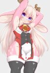  2022 absurd_res anthro antlers blush breasts capreoline cervid clothed clothing female fur hair happy hi_res horn horokusa0519 kemono legwear long_hair looking_at_viewer mammal multicolored_body multicolored_fur pink_body pink_fur purple_eyes reindeer small_breasts smile smiling_at_viewer solo thigh_highs tona_(kishibe) translated_description two_tone_body two_tone_fur white_body white_fur white_hair 