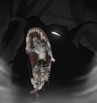  anthro art_by_cherep black_background black_body blue_eyes canid canine canis digital_drawing_(artwork) digital_media_(artwork) feet felid female feral hair male mammal simple_background stripes_fur stripes_tail toes vore white_body white_eyes white_hair 