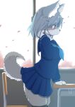  2022 absurd_res anthro bottomwear breasts canid canine canis chair cherry_blossom classroom clothed clothing desk female fluffy fluffy_tail fur furniture grey_body grey_fur grey_hair hair hi_res inner_ear_fluff japanese_school_uniform kemono koorinezumi legwear mammal multicolored_body multicolored_fur panties pink_clothing pink_panties pink_underwear plant purple_eyes school school_uniform short_hair skirt solo standing table tail_under_skirt thigh_highs translated_description tuft two_tone_body two_tone_fur underwear uniform white_body white_fur wolf 