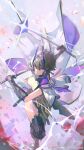  1girl aether_gazer arm_shield arms_up bangs black_hair breasts cloak debris dress full_body hair_between_eyes hair_ornament highres holding holding_weapon horns japanese_clothes kkia leg_armor leg_up light_rays lightning looking_at_viewer mecha_musume medium_breasts open_mouth purple_dress purple_eyes short_hair solo sword thighs third-party_edit third-party_watermark tsukuyomi_(aether_gazer) weapon 