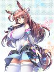  1girl animal_ears blue_eyes breasts brown_hair ear_ornament grey_hairband hairband highres horse_ears horse_girl horse_tail large_breasts lowleg lowleg_skirt mihono_bourbon_(umamusume) miniskirt pantyhose skirt solo tail umamusume umigarasu_(kitsune1963) 