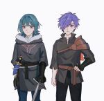  1boy 1girl blue_eyes blue_hair byleth_(fire_emblem) byleth_(fire_emblem)_(female) closed_mouth fire_emblem fire_emblem:_three_houses fire_emblem_warriors fire_emblem_warriors:_three_hopes fur_trim gloves hair_ornament hair_over_one_eye highres hood long_hair long_sleeves medium_hair oratoza purple_eyes purple_hair shez_(fire_emblem)_(male) short_hair simple_background sword weapon younger 