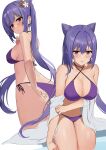  1girl absurdres ass ayul_(ayulneri_92) bangs bare_shoulders bikini blush breasts cleavage collarbone genshin_impact hair_cones hair_ornament highres keqing_(genshin_impact) large_breasts long_hair looking_at_viewer looking_back multiple_views purple_bikini purple_eyes purple_hair sitting swept_bangs swimsuit thighs twintails 