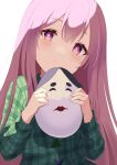  1girl aqua_shirt blush closed_mouth eyebrows_visible_through_hair hair_between_eyes hata_no_kokoro highres holding holding_mask kamachi_(kamati0maru) long_hair long_sleeves looking_at_viewer mask pink_eyes pink_hair shirt simple_background solo touhou upper_body white_background 