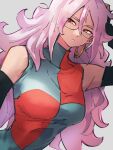  1girl android_21 breasts checkered_clothes checkered_dress colored_skin dragon_ball dragon_ball_fighterz dress glasses grey_background kemachiku majin_android_21 medium_breasts pink_skin simple_background solo upper_body 