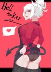  1girl apron ass demon_girl demon_horns demon_tail helltaker highres horns lucifer_(helltaker) mole mole_under_eye red_background red_eyes tail thighhighs tuxieyang underwear 