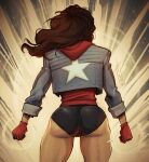  1girl america_chavez ass black_shorts blue_jacket brown_hair clenched_hand dark-skinned_female dark_skin devilhs from_behind gloves highres jacket light long_hair long_sleeves marvel red_gloves shorts solo star_(symbol) star_print thighs tight 