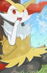  1girl :3 animal_ear_fluff animal_ears animal_hands animal_nose arm_at_side black_fur blue_sky body_fur braixen cloud commentary dappled_sunlight day dutch_angle fangs flat_chest fox_ears fox_girl fox_tail fur_collar furry furry_female grass hand_to_own_mouth hand_up happy highres looking_at_viewer on_ground one_eye_closed open_mouth outdoors pokemon pokemon_(creature) red_eyes rumine_(yoshi1234567) sitting sky smile snout solo stick sunlight tail tree wariza white_fur yellow_fur 