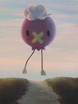  absurdres black_eyes cloud commentary_request day drifloon floating full_body grass highres looking_at_viewer luna_mokamoka no_humans outdoors path pokemon pokemon_(creature) sky solo 