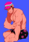  1boy bara baseball_cap black_male_swimwear feet_out_of_frame floral_print from_side hat large_pectorals long_sideburns male_focus male_swimwear mature_male muscular muscular_male neilos original pectorals pink_headwear print_male_swimwear short_hair sideburns sitting solo swim_trunks topless_male 